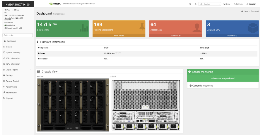 Official NVIDIA DGX H100 BMC dashboard screenshot.